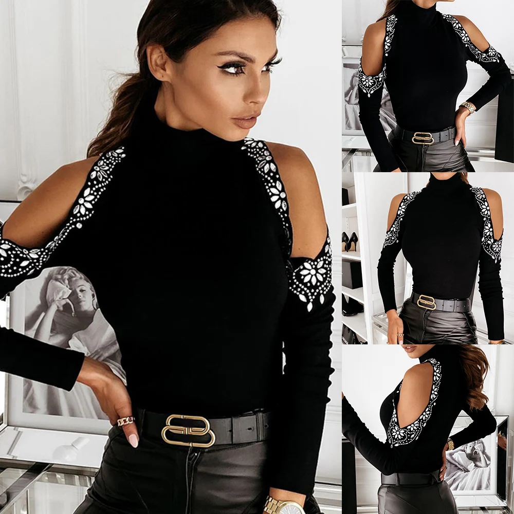 

Sale Drilling Knitted Turtleneck T Shirts Women Winter Spring Tee Shirts Femme Solid Sexy Off Shoulder T-Shirt Slim Fit Tops D30