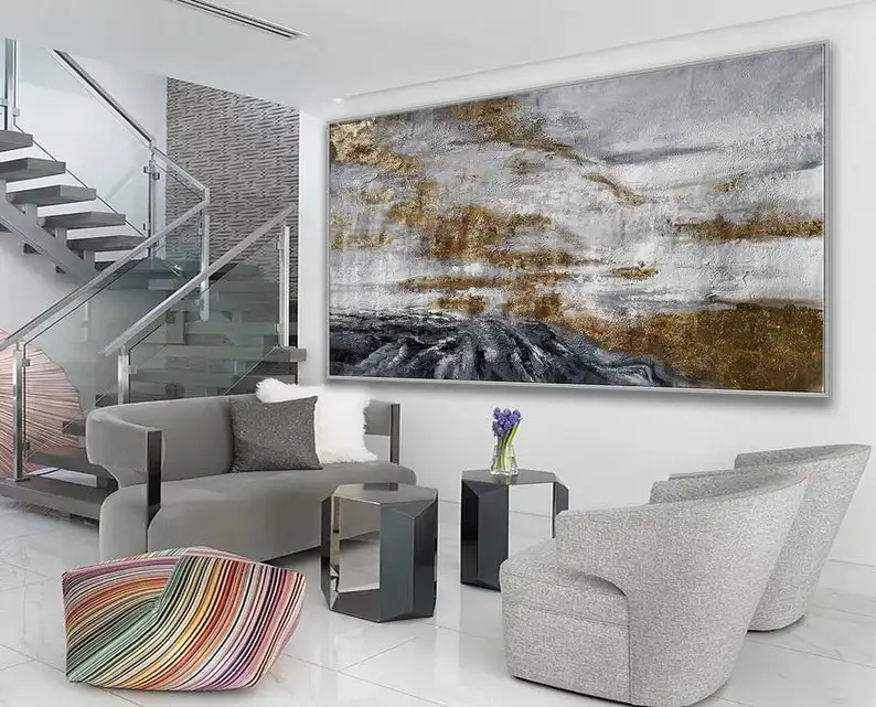 

Текстурированная очень большая современная абстрактная живопись, холст, настенное искусство, объемная текстура, акриловая живопись, черны...