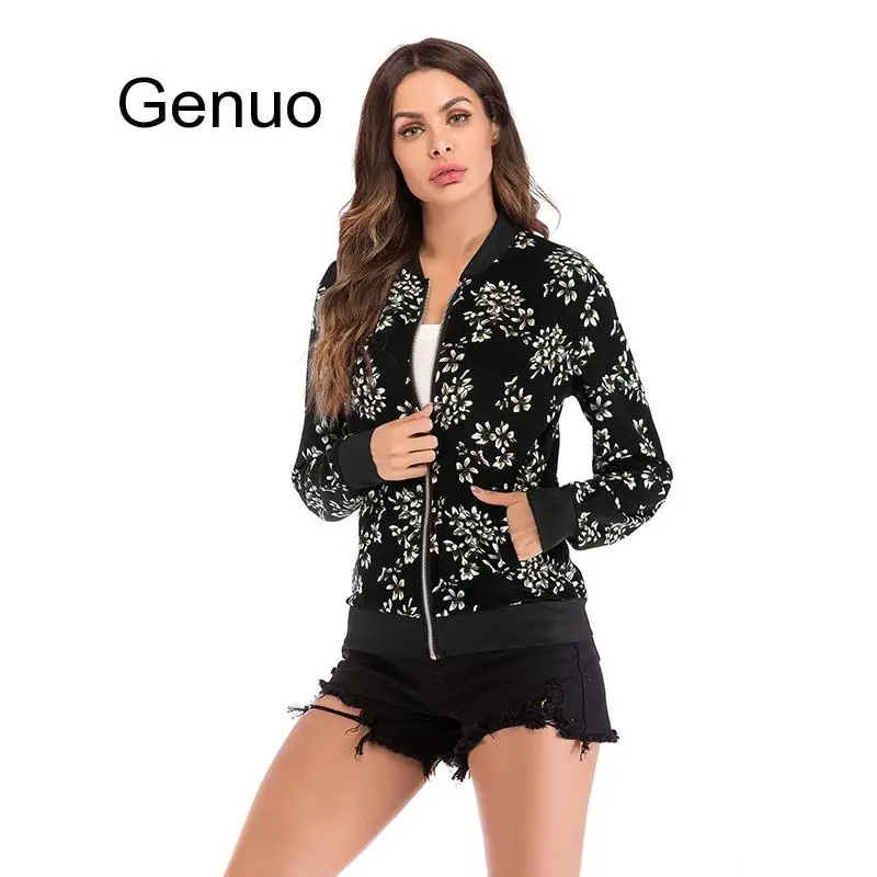 Куртка-бомбер женская с цветочным принтом на молнии длинным рукавом | Женская