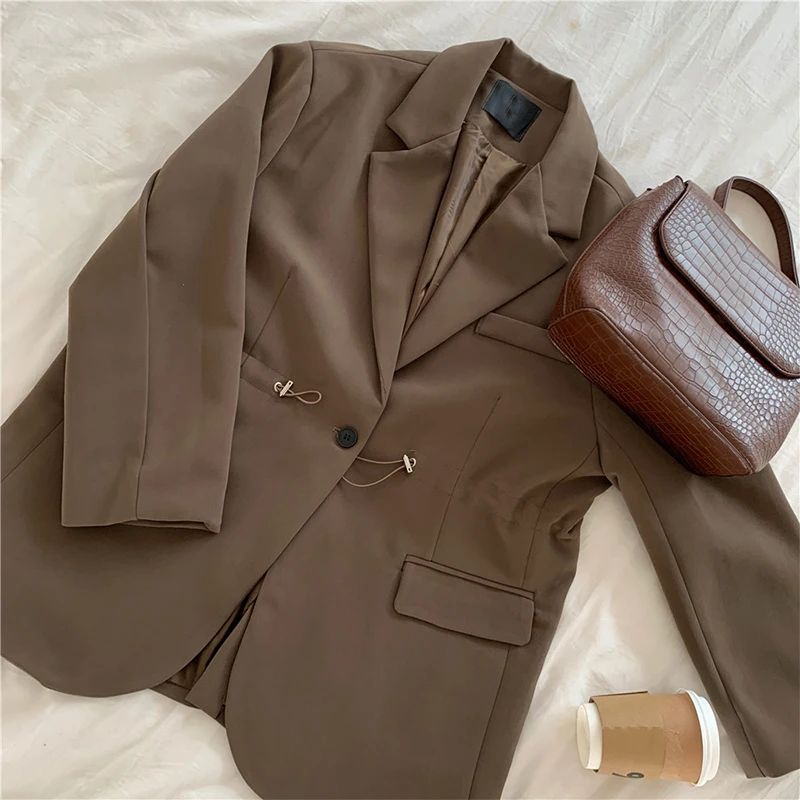 

FTLZZ Spring Autumn Women Fashion Tailored Collar Single Button Drawstring Blazers Office Lady Solid Color Long Sleeve Jacket