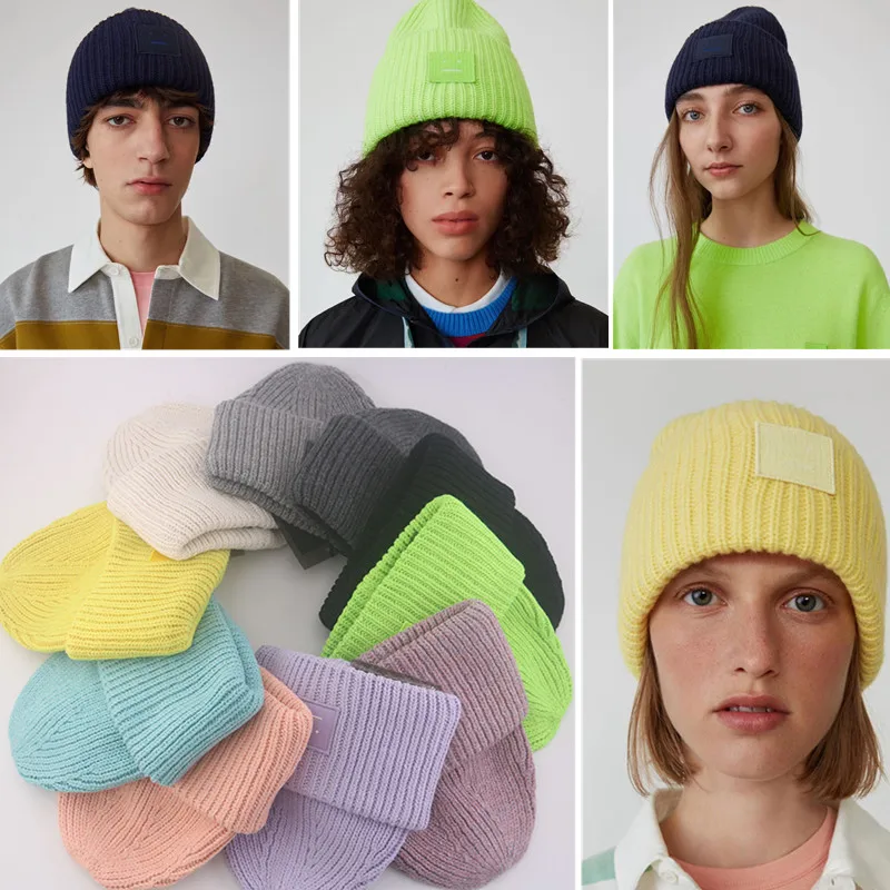 

Women's Men's Winter Hats For Women Knitted Hat Warm Soft Beanie New Couple Square Smiley Face Embroidery Cap 2021