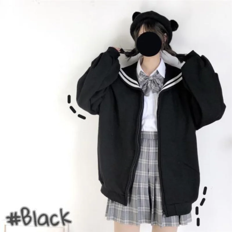 

QWEEK Kawaii Zip Up Hoodie Sailor Collar Sweatshirt Japan Style Long Sleeve Cute Tops for Teens 2021 JK Pink Navy Soft Girl Kpop