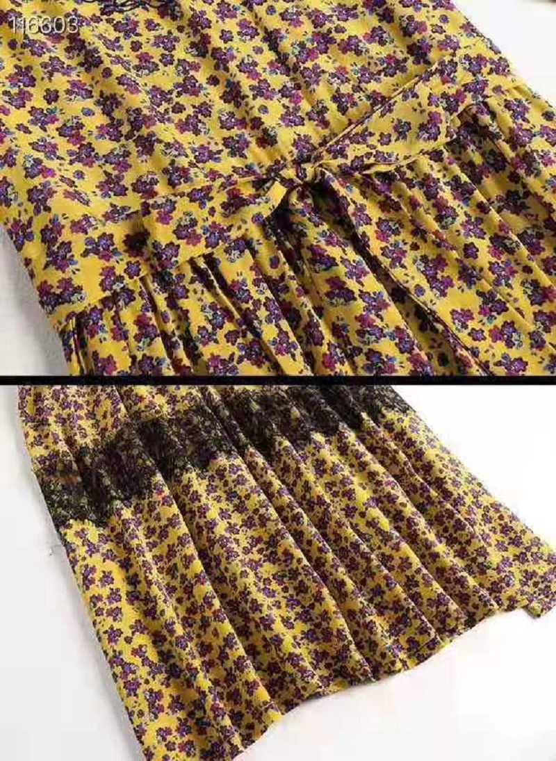 

Floral romantic waist slimming slimming silk long-sleeved printed mid-length dress