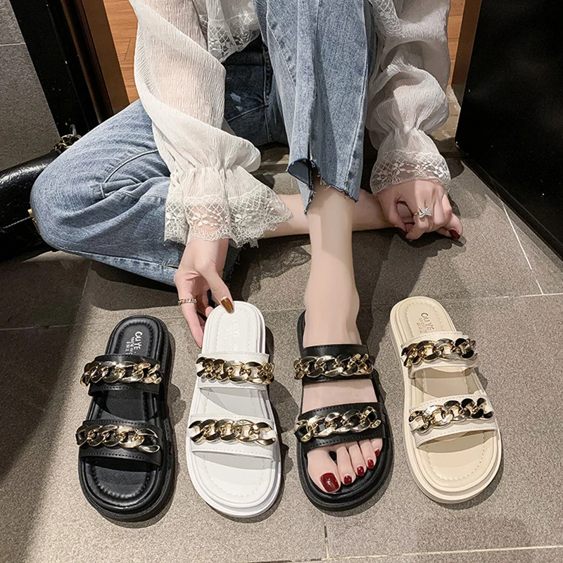 

Female Shoes Rubber Flip Flops Slippers Casual Platform Slides Med 2021 Hawaiian Luxury Flat Soft Chain PU Leisure Fashion