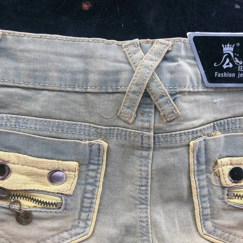 

Zipper decorative denim shorts women's 2021 spring and summer elastic low waist hot pants underpants anti light bag buttocks