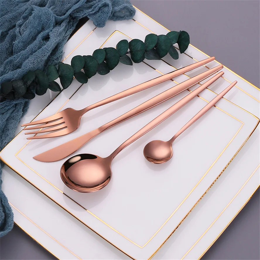 

Rose Gold Stainless Steel Tableware Kitchen Utensils Luxury Tableware Knife Fork Spoon Set Cutlery Dinnerware Set Travel Cutlery