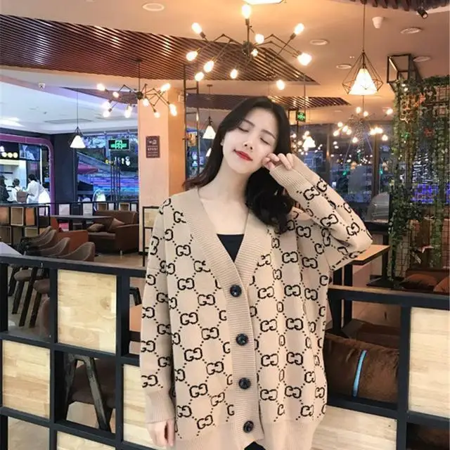 

2021 New Europe Station Jacquard Double Sweater Women's Open Front Medium Length Loose Knit Jacket