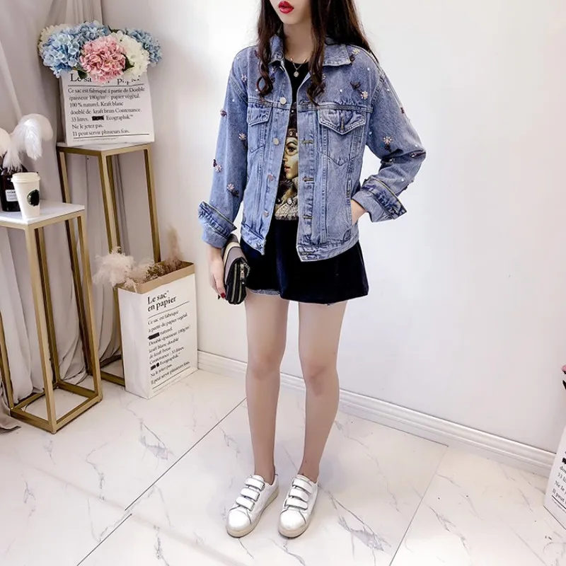 

Loose Womens Denim Jackets Spring Autumn Korean Fashion Diamonds Beading Long Sleeve Single Breasted Lapel Female Short Coats