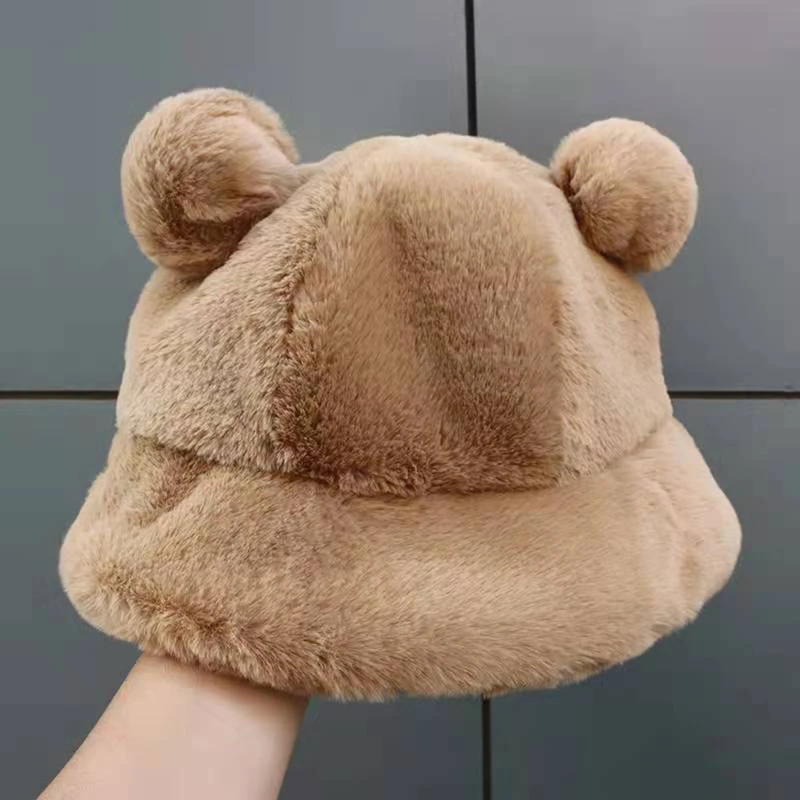 

Autumn Fur Bucket Hat Bear Ear Ball Plush Fisherman Hat Winter Soft Warm Fashion Thick Basin Hat Protection Bucket Hats