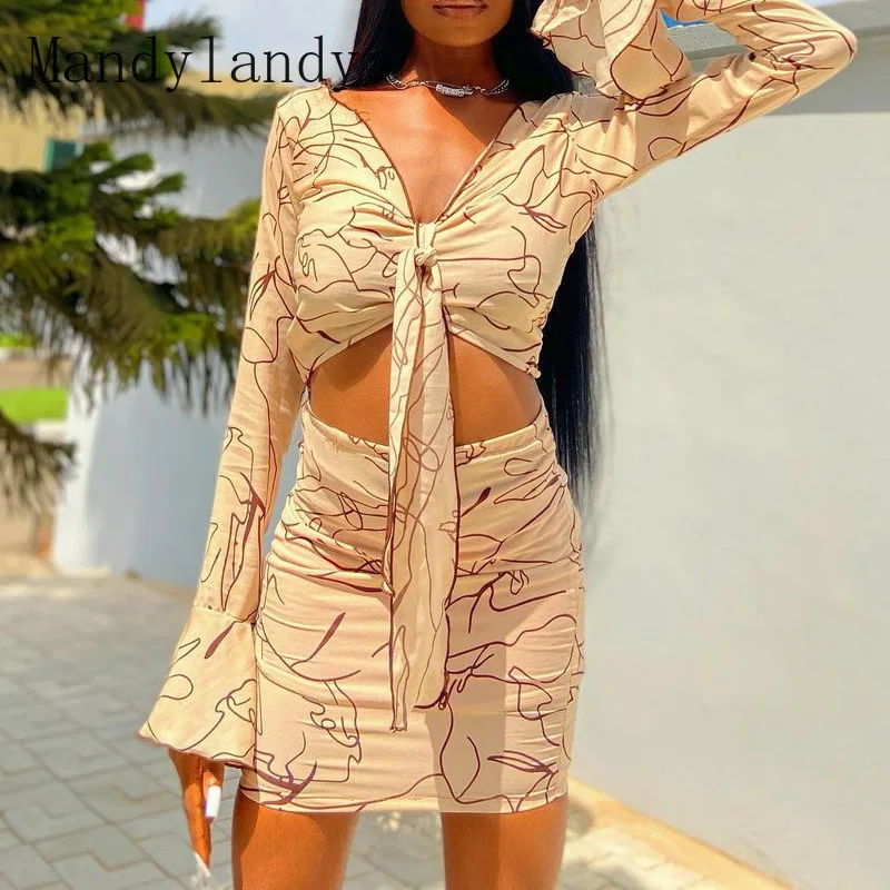 

Mandylandy Lady Elegant Flare Sleeve V Neck Bow Tie Sexy Crop Top + Skirt 2 Piece Set Spring Women Fashion Outfits Tracksuit