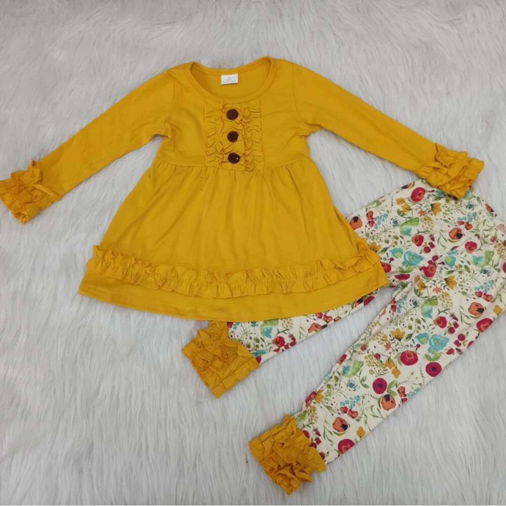 

Baby girl beautiful cute yellow ruffle sleeves dress hem matches floral elastic pant clothes
