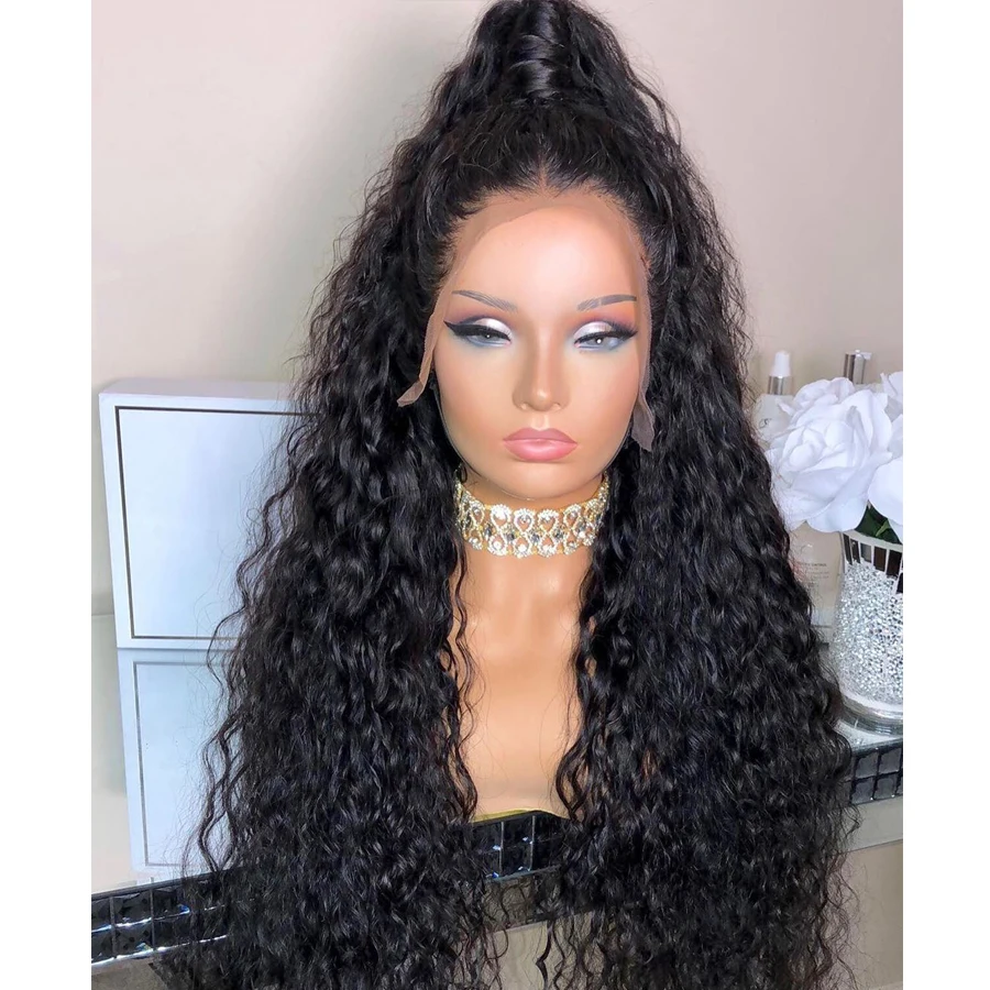 

Curly Remy Soft 180% Density Black Water Wave 13x4 Lace Front Human Hair Wig For Women With Babyhair Preplucked Glueless 5x5 Pu