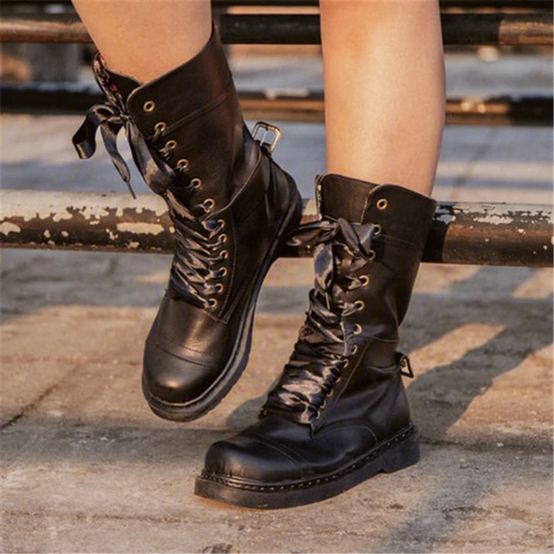 

Winter Women Boots Mid-Calf Boots Ladies Round Toe Low Heels Punk Riding Boots for Females Lace Up Fashion Motorcycle Shoes 9725