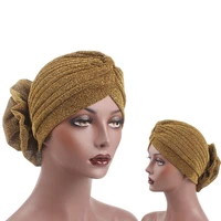 fashion big flower gold shiny turban for women stretchable soft bright chemo hat muslim head scarf wedding party head wrap