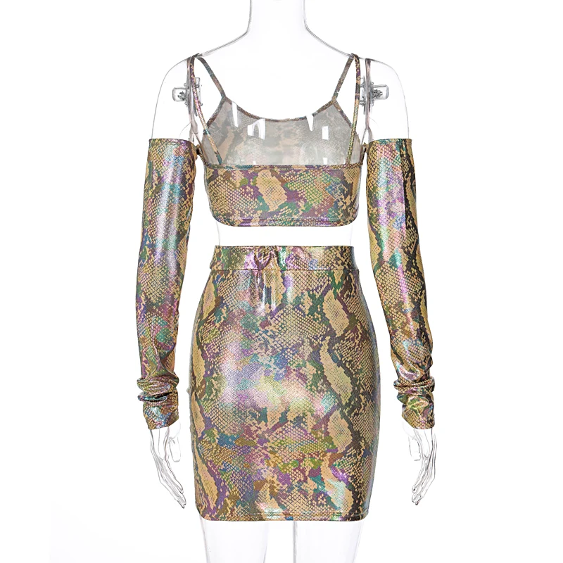 

Zoctuo Pu Leather Two Piece Set Long Sleeve Women'S Set Snakeskin Cut Out Sequined Sexy Crop Top And Mini Skirt Set Sexy Club