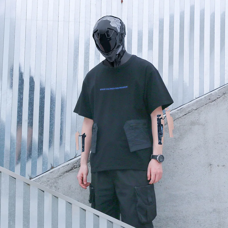 Силеншторм Techwear Мужская черная футболка с карманом графическая в стиле хип хоп