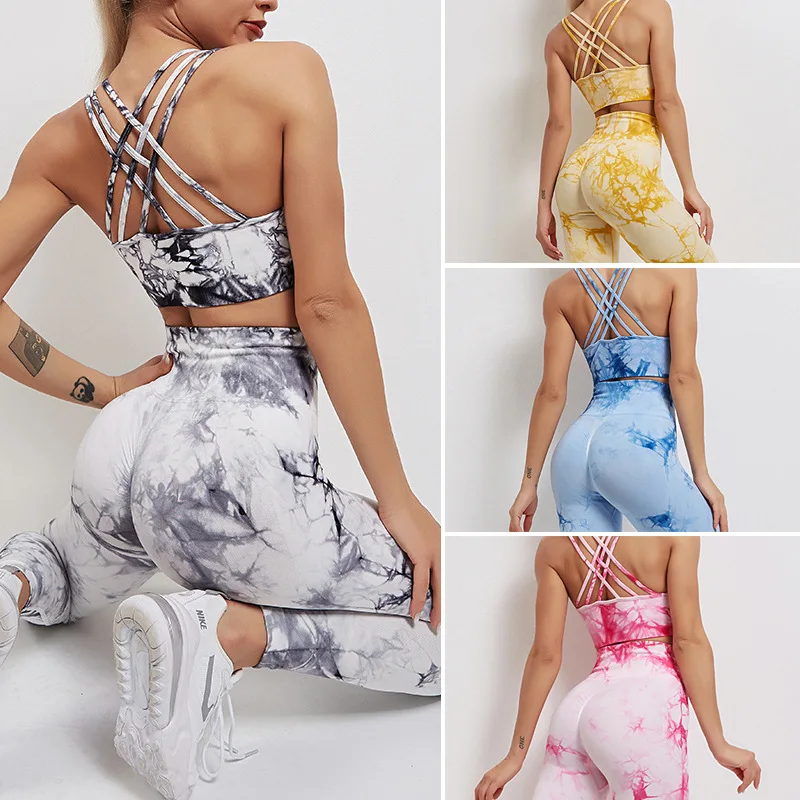 

Tie Dye Two Piece Set Women Yoga Kit Quick Dry Outfit Nylon Training Wear Fashion Seamless Suit High Elasticity Tights Push Up