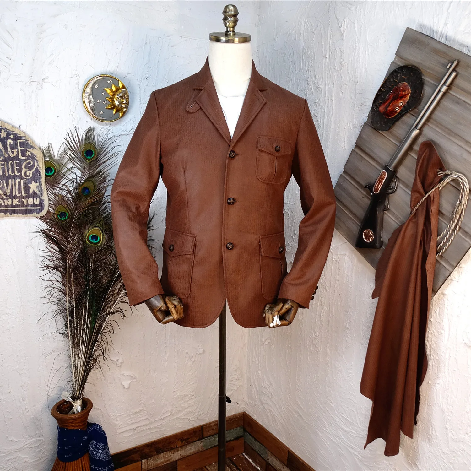 Goede Jacket Safari Jacket Norfolk Visgraat Patroon Suède Full-Grain Schapenvacht Gentleman Lederen Mannen Bovenkleding