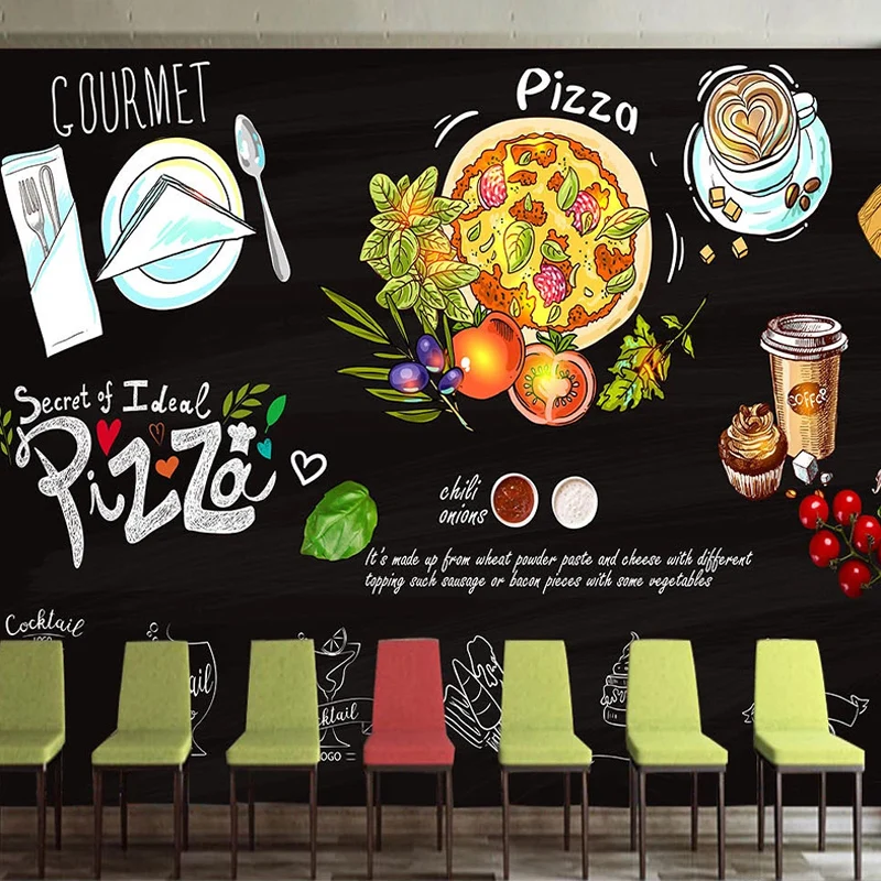 

Custom 3D Photo Wallpaper Blackboard Hand Painted Coffee Pizza Cake Poster Mural Restaurant Cafe Burger Shop Wall Decor Paper