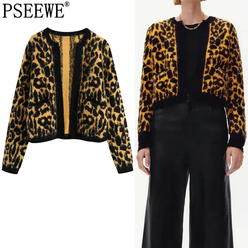 

PSEEWE Woman 2021 Leopard Print Sweater Women Knitted Cropped Cardigan Female Vintage Sweater Long Sleeve Autumn Jacket
