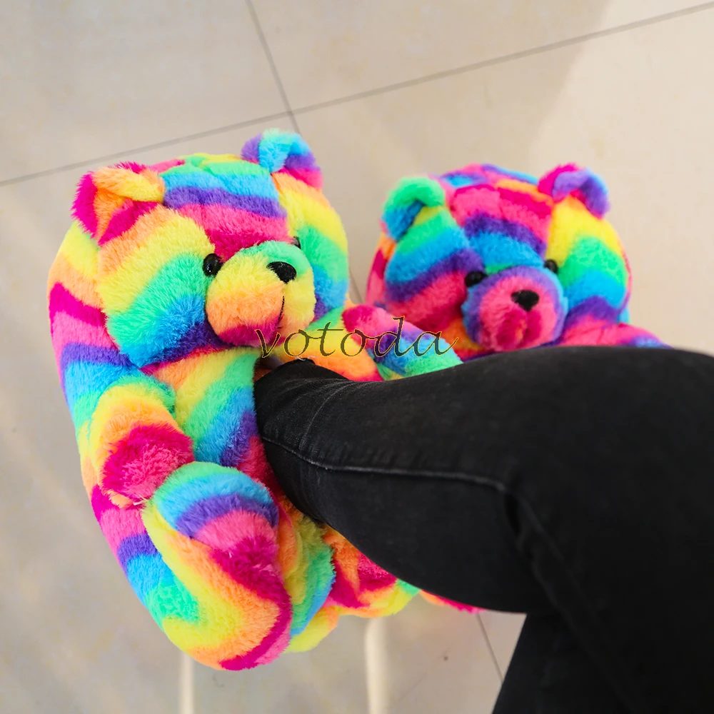 Teddy Bear Slippers Women Cute Cartoon Slides Furry Warm Soft Shoes Home Non-slip Cotton Flip Flops Rainbow Teddies Bear Slipper best house slippers