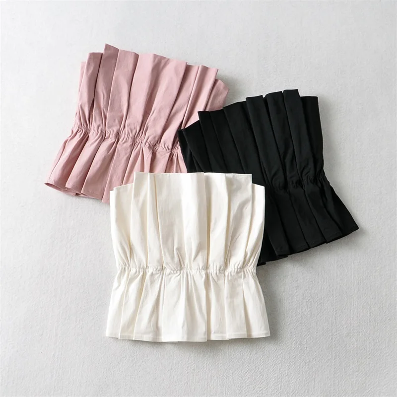

MESTTRAF Women 2021 Fashion Sexy Off Shoulder Solid Color Elastic Pleat Short Blouse Strapless Crop Summer Tops Streetwear