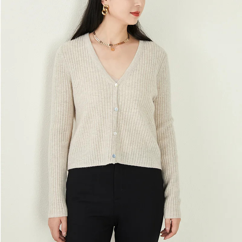 

Женский короткий джемпер из 100% овечьей шерсти, тонкий кардиган с V-образным вырезом для отдыха, весна-осень 2021