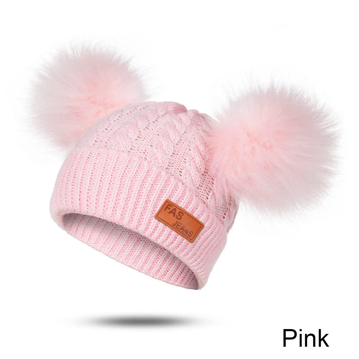pink Детская вязаная шапка с двойными волосами; Повседневная теплая Модная Милая однотонная Шапка; головной убор; сезон осень-зима; модели шапочки Skullies - Цвет: pink