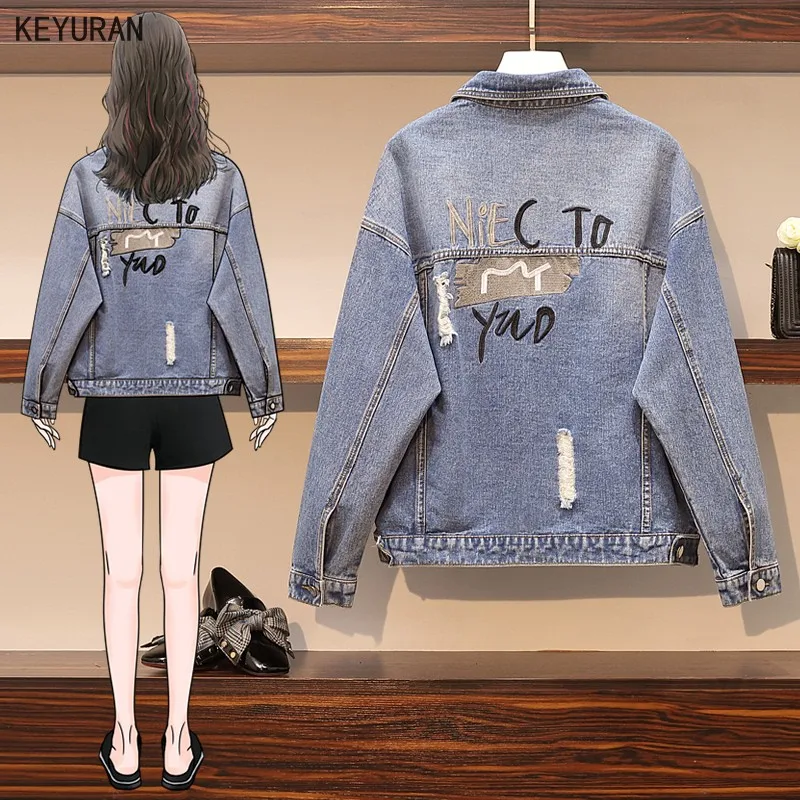 Женские джинсовые куртки Boyfriend свободные рваные с вышитыми буквами осенняя