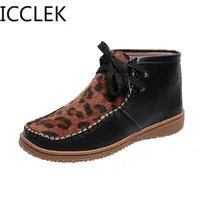 New 2020 Autumn Winter  Women Boots  Ankle Boots Thicken Brown Leather Hair Warm Boots Botas De Mujer Flat with Leopard