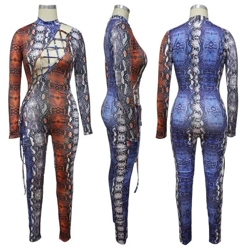 

Cross Border European And American Jumpsuit New Snake Print Sexy Hollow Out Bandage Nightclub Womens Cargo Pants Compression