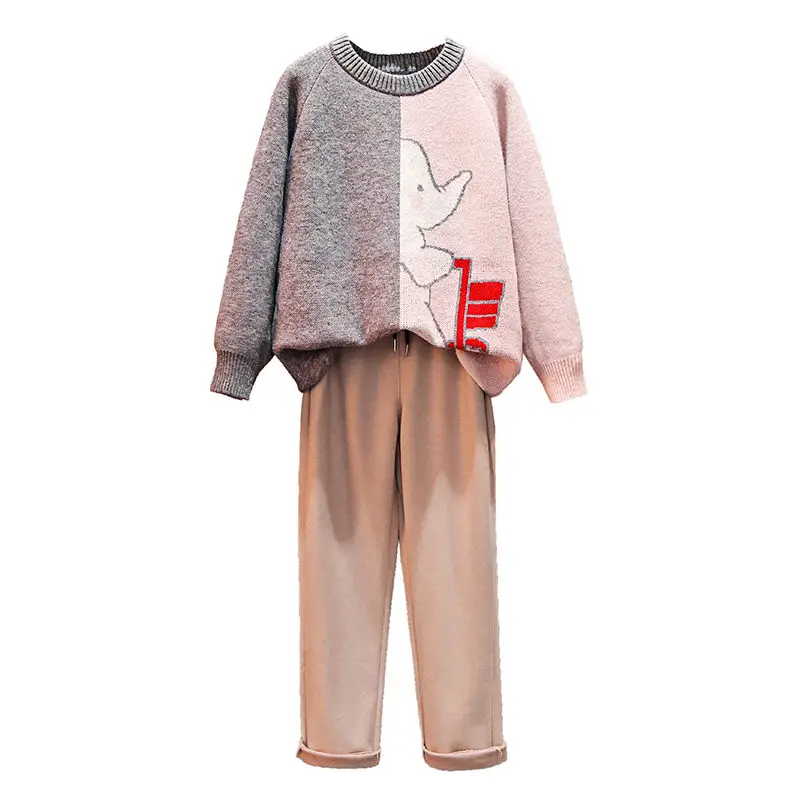 

Winter Sweater Jumper Tops Tousers Set 2020 New Loose Plus Size Women's Cartoon Knit Shirt + Woolen Pants Warm Suit Outfit Y295