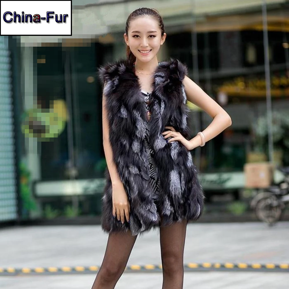 2020 Hot Autumn Winter Women Real Sliver Fox Fur Vest Long Style Warm Genuine Gilet Waistcoat | Женская одежда