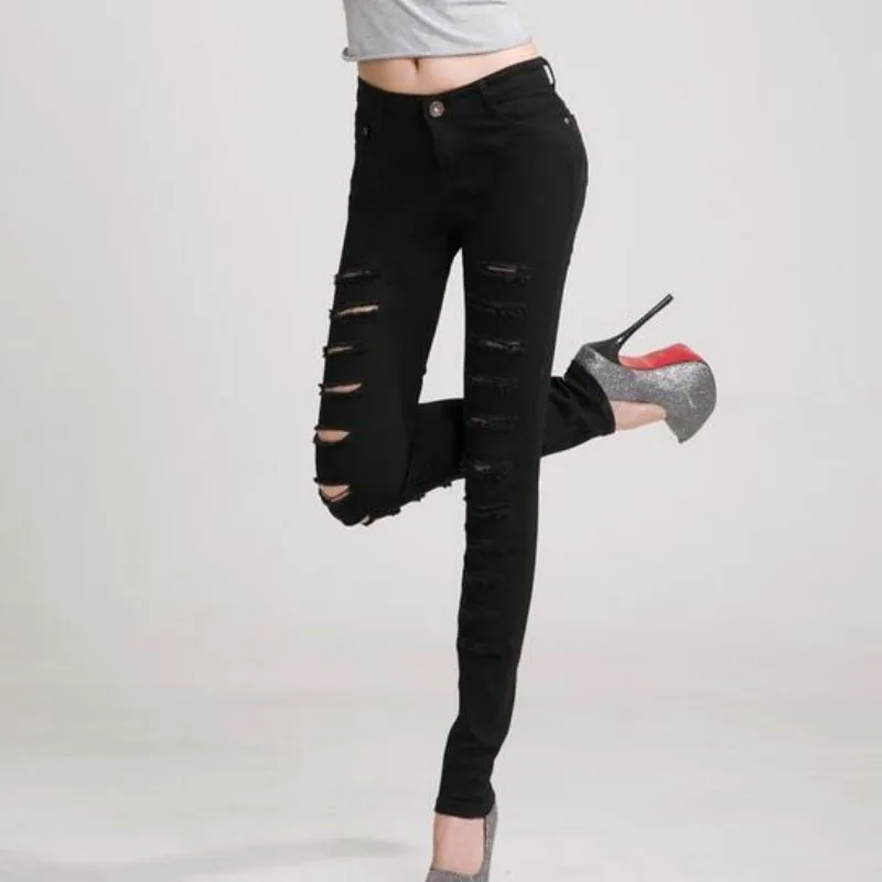 Женские рваные джинсы с завышенной талией повседневные узкие брюки карандаш из