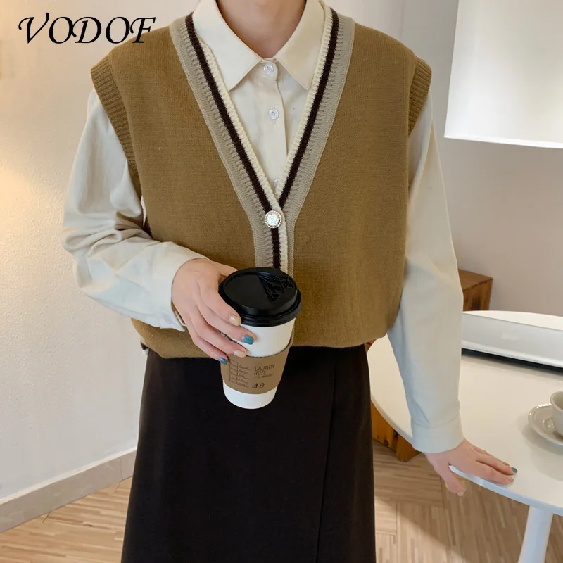 

VODOF Solid Loose Sweater Spring Autumn Women's Vest Knitted Vest V Neck Fashion Joker Knitted Vest Winter Outerwear Plus Size
