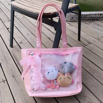 

Cute Lolita Dress JK Uniform Pink Transparent Bag Soft Girl Big Handbag Kawaii Shoulder Jelly Bag Cosplay Anime School Backpack
