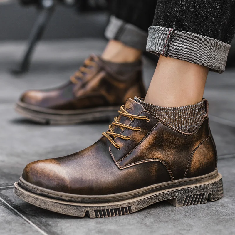 

Men winter Boots genuine Leather Winter Vintage Ankle Boots Men plush Lace Up Footwear Fashion Casual Shoes Men Botas Hombre