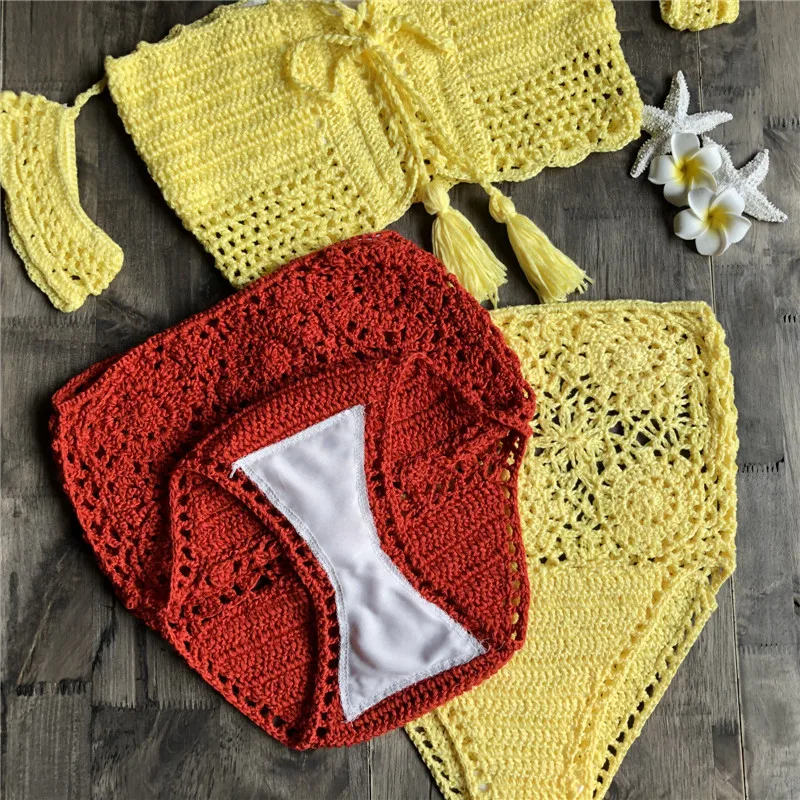 Вязаный комплект бикини с высокой талией женский купальник-бандо на плечах