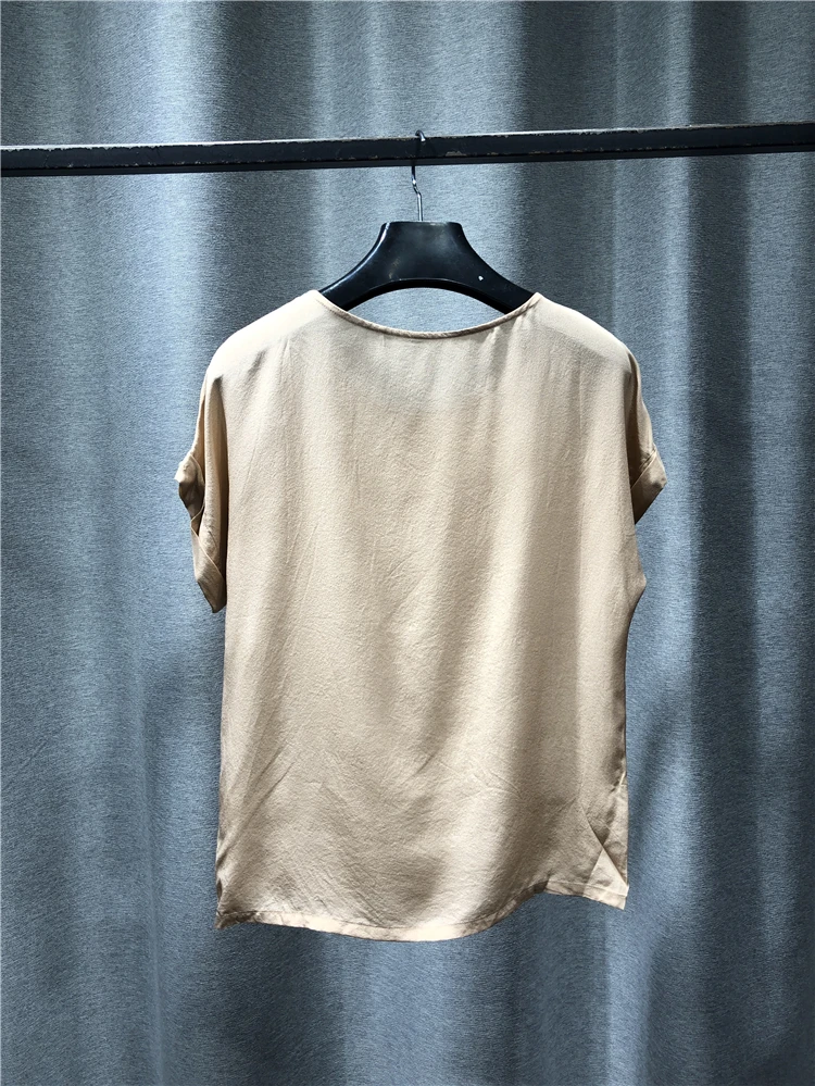 

Tshirt Women 2021 New Products In Spring Casual Pure Silk Round Neck Short Sleeve Top Pullover Neckline Lnlaid Diamond