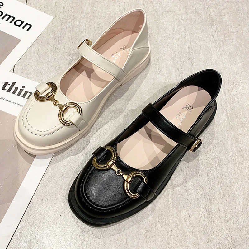 

Лоферы женские с металлической пряжкой, Туфли Мэри Джейн, туфли-оксфорды с круглым носком на плоской подошве, без застежки, роскошные брендо...