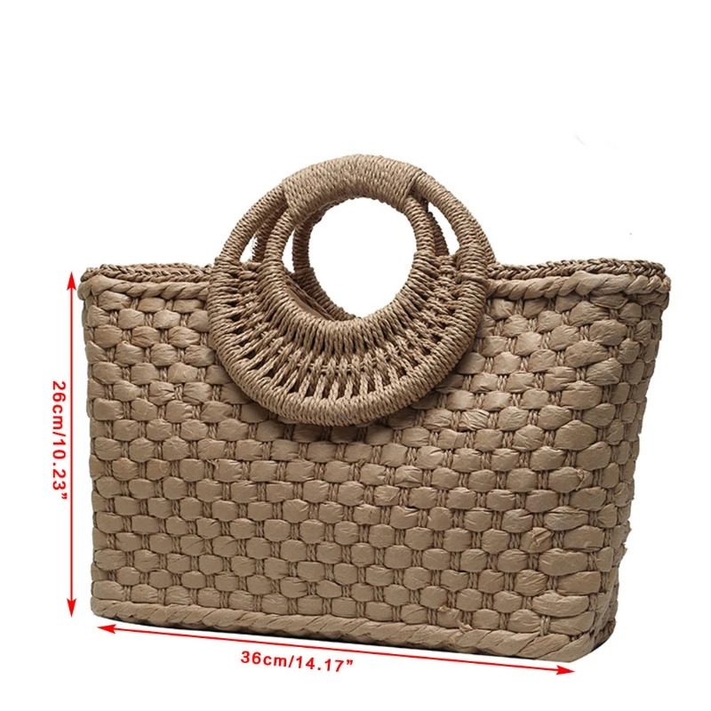 

Bohemian Women Summer Beach Woven Straw Handbag with Round Top Handle Travel Vacation Weave Braided Zipper Large Tote Bag Bucket