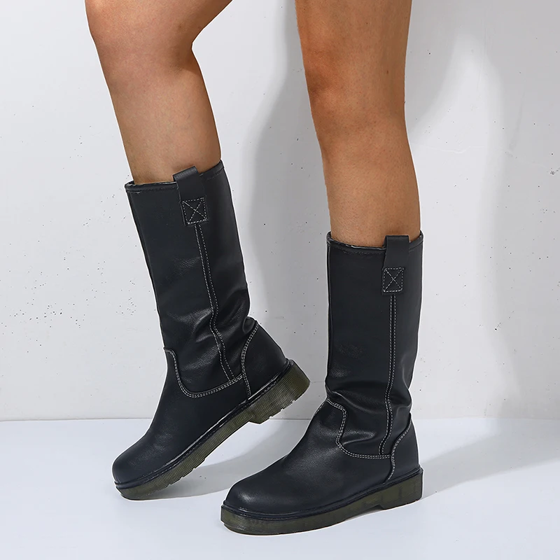 

Women Leahter Boots Fashion Winter High Quality Solid Color High Boots Ladies 2021 Casual Low Heels Long Slim Boot