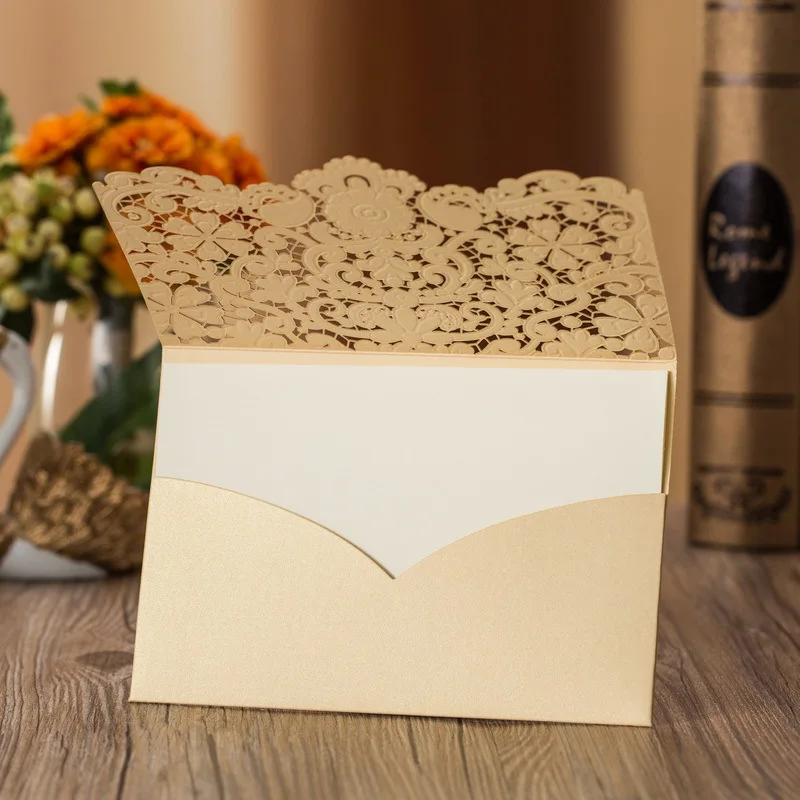 Gold 2 Cover insert 10 шт. золотой, красный, белый лазерный разрез роскошный Флора свадебные приглашения карты Элегантный принт конверты Свадебные украшения - Цвет: Gold 2 Cover insert