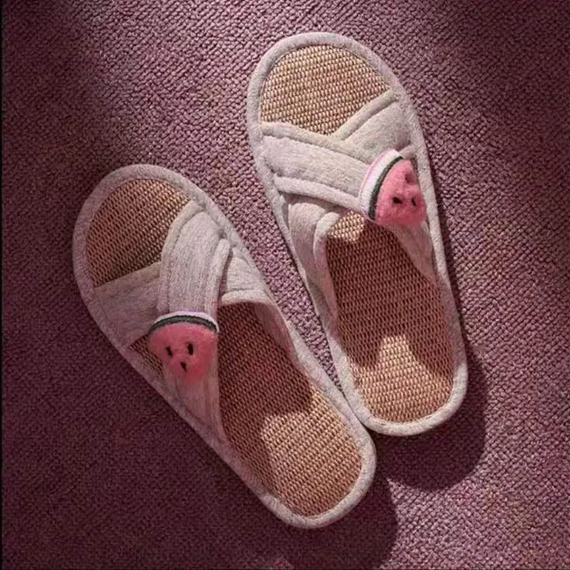 36-45 yards Lovely indoor cool slippers women's antiskid strawberry cotton hemp household shoes couple cartoon flax slippers