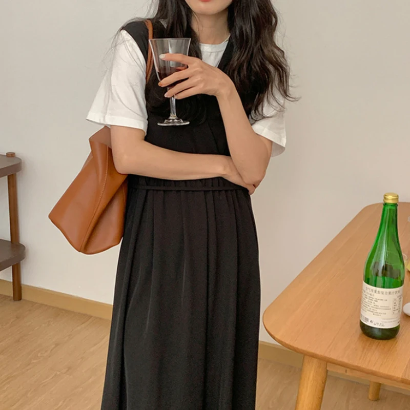 

APXIVI Sexy Dress For Women High Waist Lace Up Sleeveless Dress Summer New Casual Loose Mid Length Skirt Female Fashion Clubwear