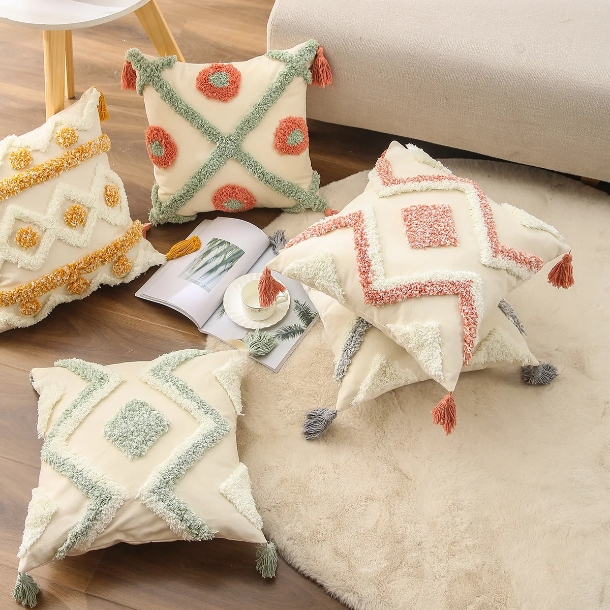 

Green Cushion Cover Sofa Decorative Pillow Case Geometric Embroidered Tufted Tassel Pillow Cover Living Room Chair Home Decor