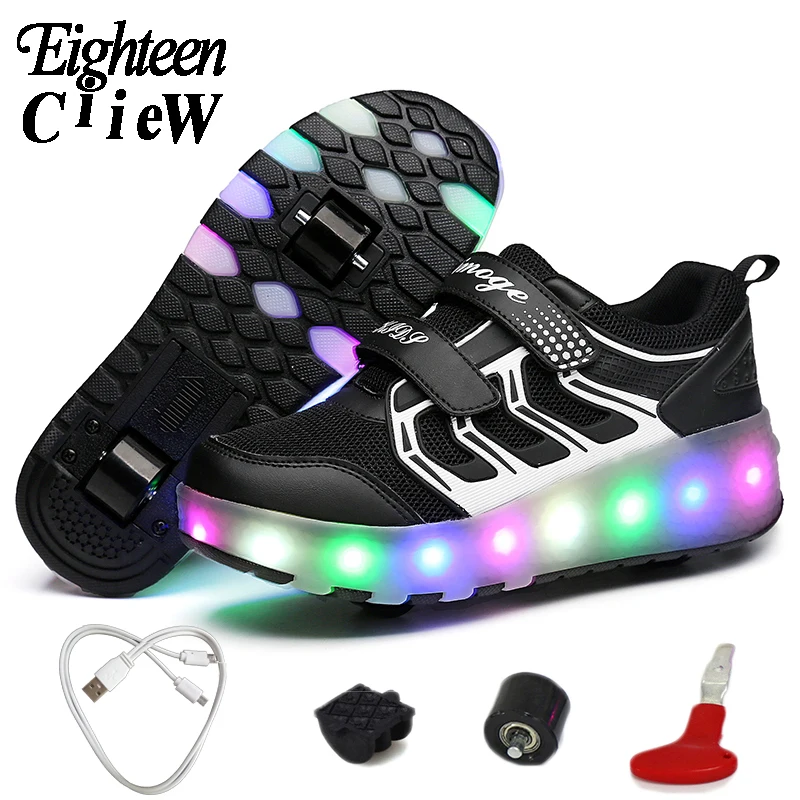Светящиеся кроссовки для мальчиков светодиодные с роликами зарядка через USB