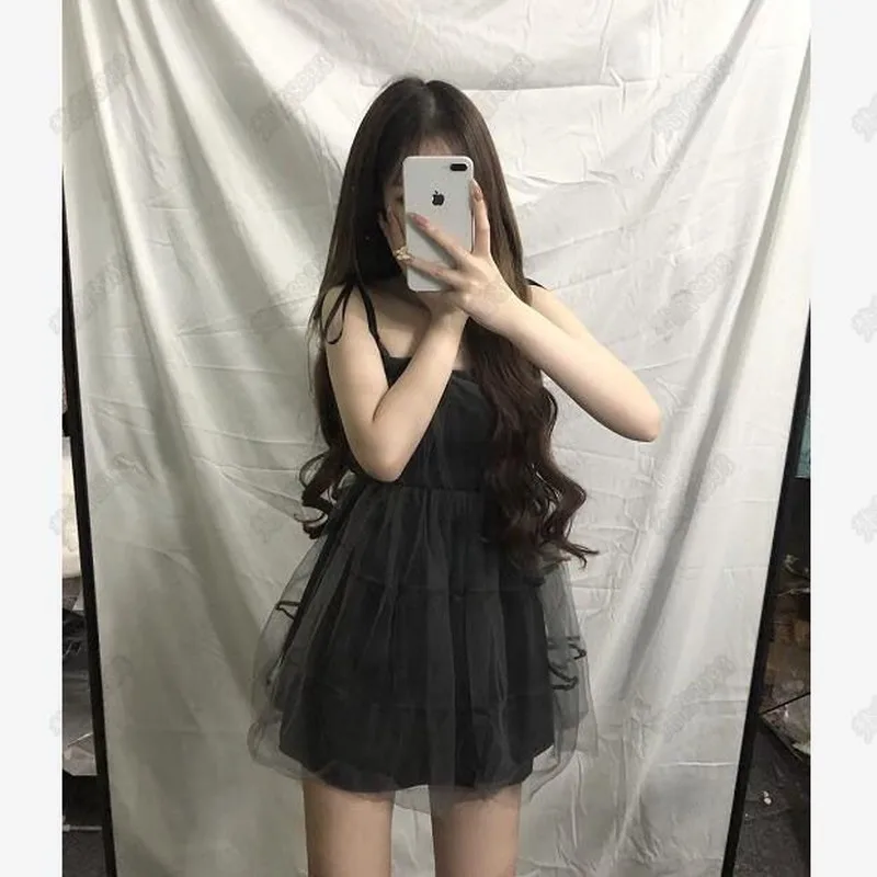 

QWEEK Spaghetti Strap Slip Mini Dress Women 2021 Summer Streetwear Korean Fashion Style Sexy Mesh Party Dress Gothic Grunge