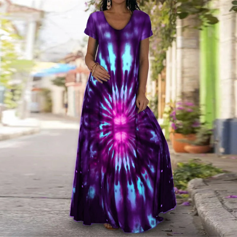 Платье женское длинное с цветочным принтом свободный пляжный сарафан V-образным