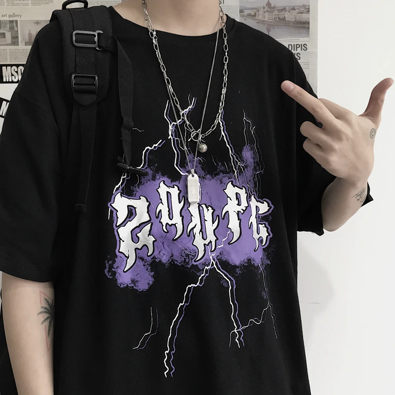 

Women T-Shirts Letter Lightning Print Streetwear Top Short Sleeve Harajuku Plus Size Dropshipping Y2K Black Vintage Goth Clothes